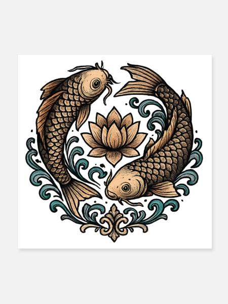Tatouage d’harmonie du cercle de koi et lotus - Poster 20 x 20 cm - blanc - Devant