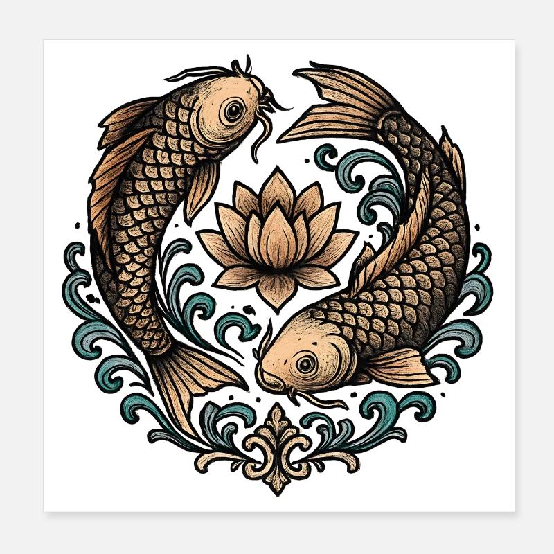 Koi and Lotus Circle Harmony Tattoo Poster 8" x 8" (20x20 cm)