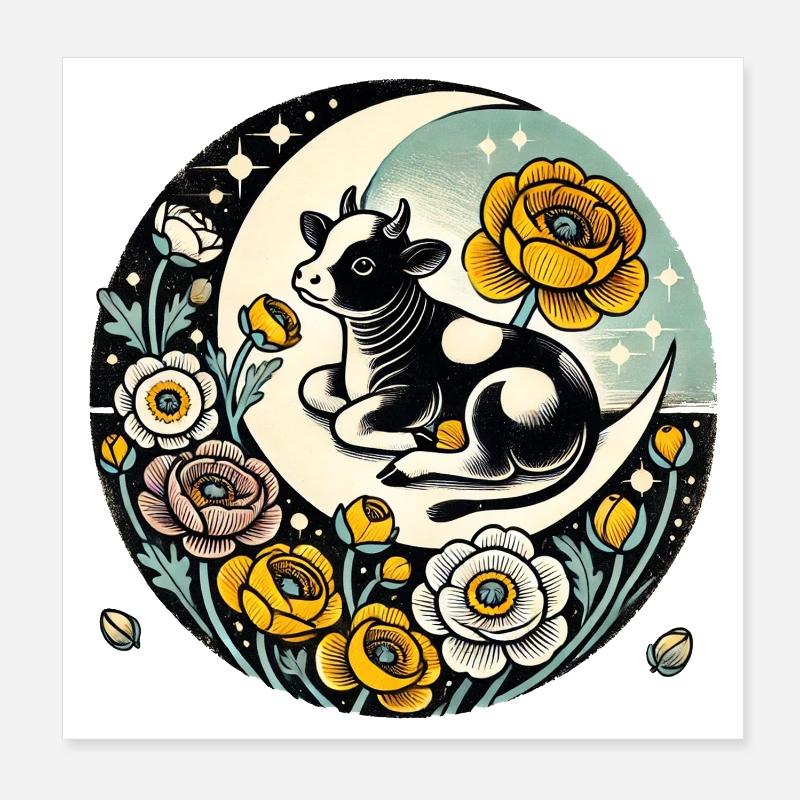 Veau au clair de lune avec lune florale Poster 20 x 20 cm