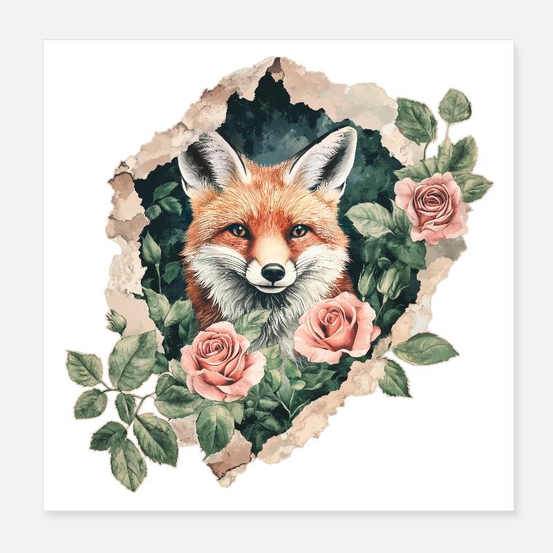 Fox with Roses Vintage Poster 8" x 8" (20x20 cm)