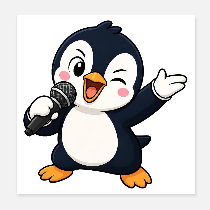 Cute Penguin Singer Karaoke Musician Funny Poster 8" x 8" (20x20 cm)