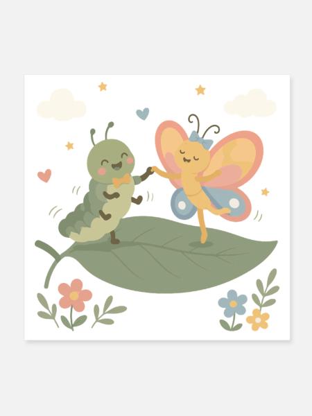 Danse des chenilles et des papillons - Poster 20 x 20 cm - blanc - Devant