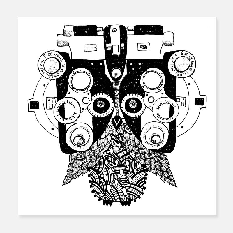 Phoropter Eule beim Sehtest Poster 20x20 cm