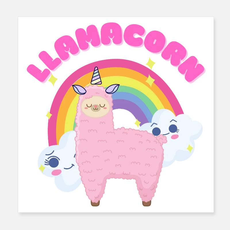 Whimsical Pink Llama with Rainbow Poster 8" x 8" (20x20 cm)