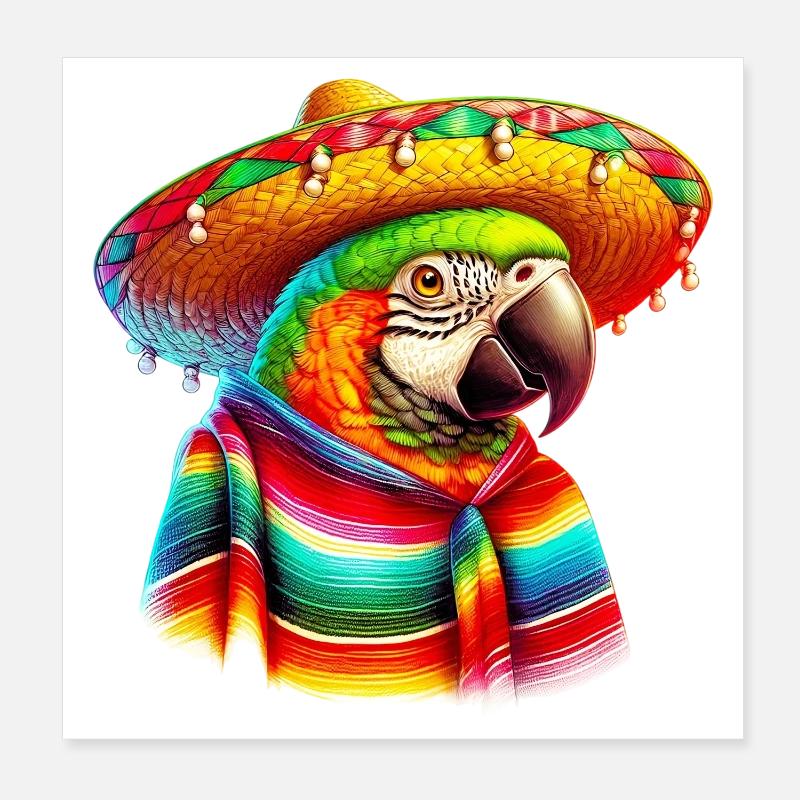 Perroquet mexicain avec poncho et sombrero mexique Poster 20 x 20 cm