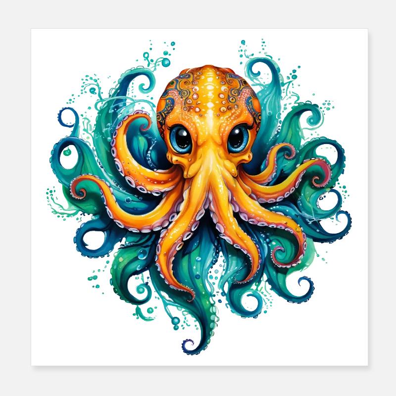 Pieuvre jaune amicale devant le bain à remous d’eau Poster 20 x 20 cm