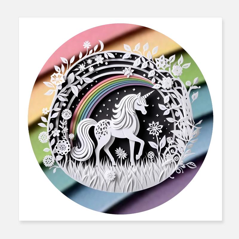 Niedliches Einhorn Regenbogen Scherenschnitt Poster 20x20 cm