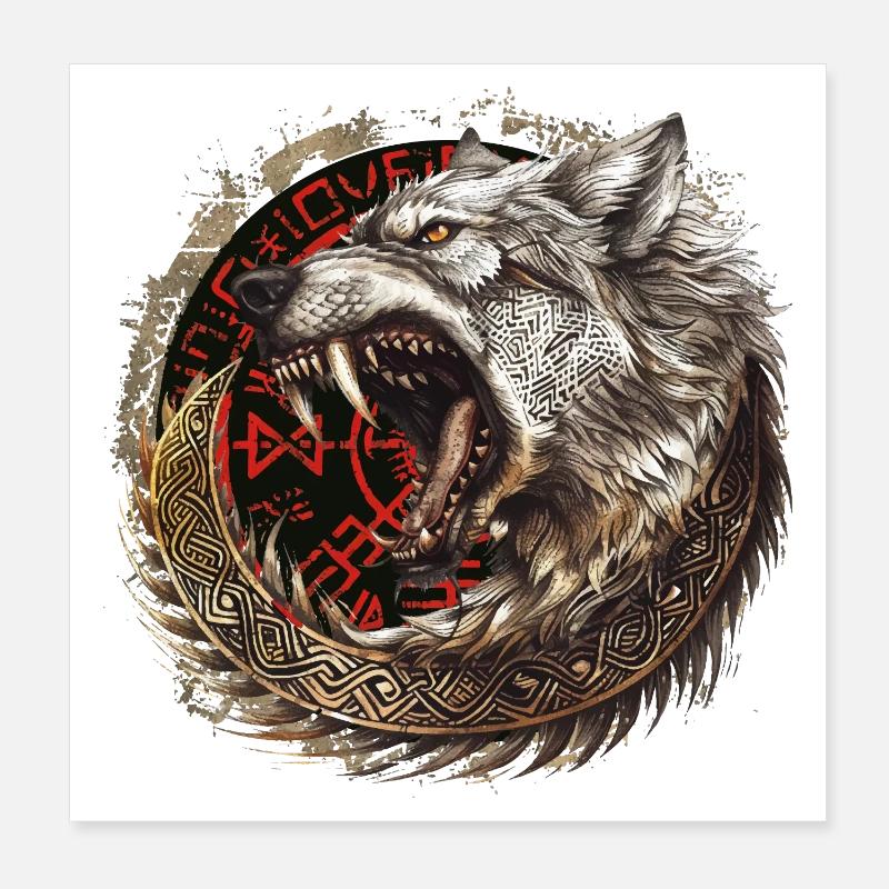Viking Wolf Wolves Geri & Freki Valhalla d’Odin Poster 20 x 20 cm