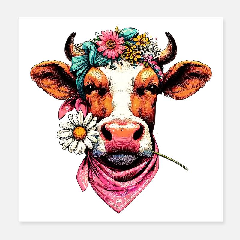 Kuh mit Blumen Poster 20x20 cm