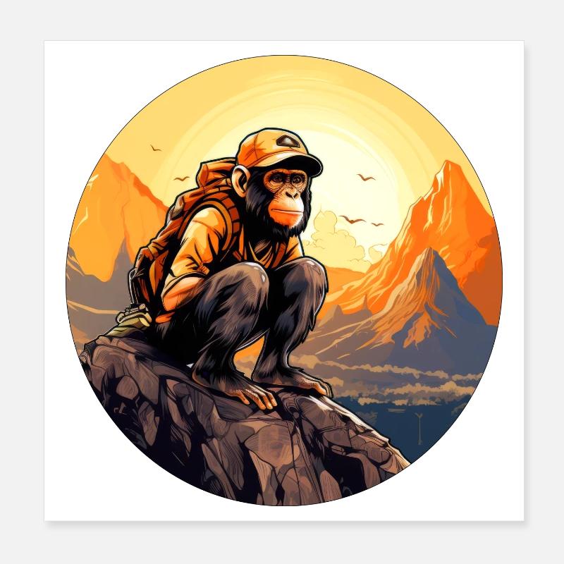 Affen Wandern / Bergsteiger Affe - Poster 20x20 cm - Weiß