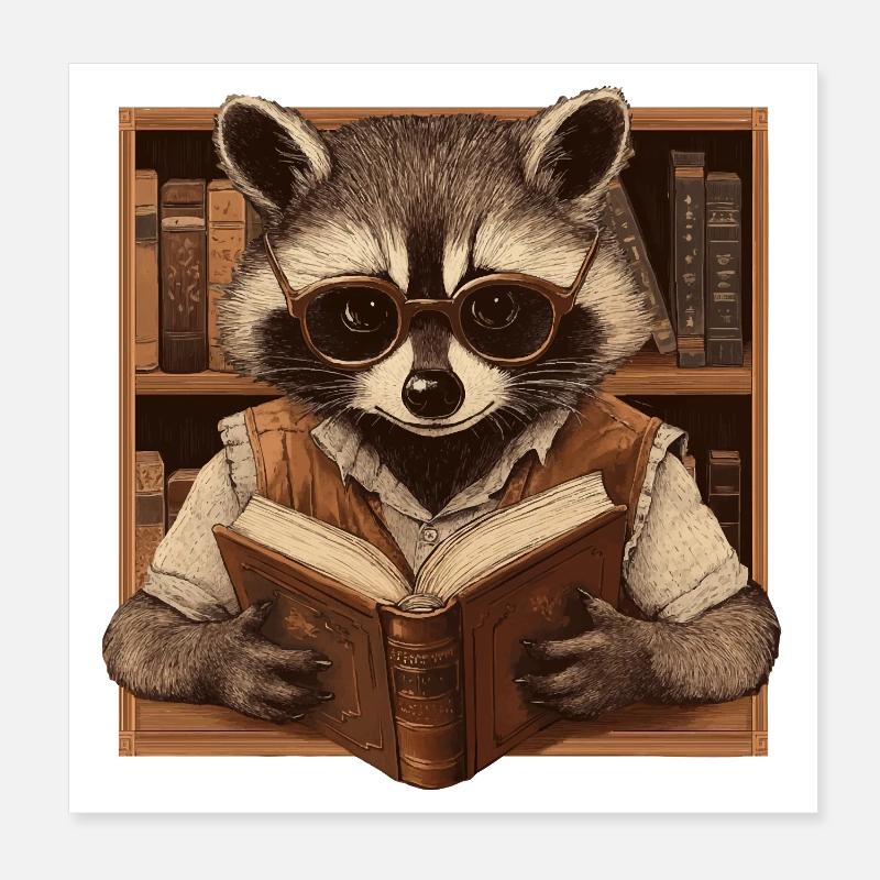 Intelligenter Waschbär mit Brille und Buch – Büche Poster 20x20 cm