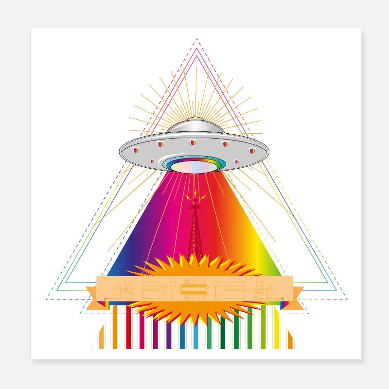 UFO over a glowing rainbow triangle Poster 8" x 8" (20x20 cm)