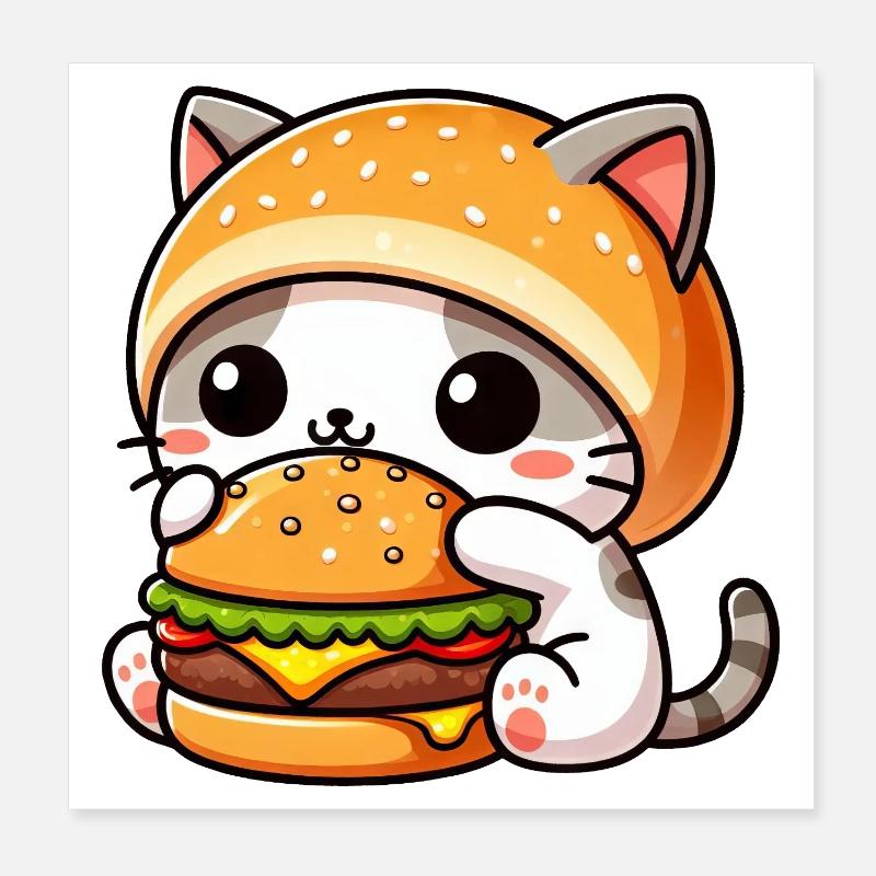 Dessin animé de chat mignon avec hamburger amateur de restauration rapide Poster 20 x 20 cm