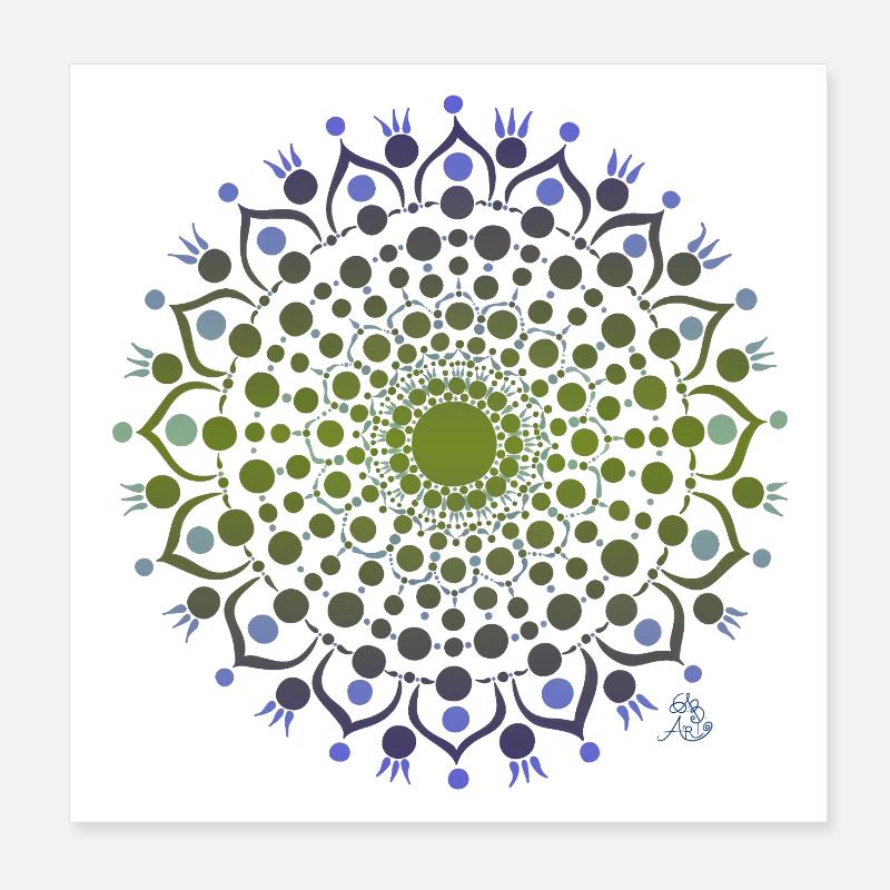 Mandala de fleurs en bleu et vert Poster 20 x 20 cm