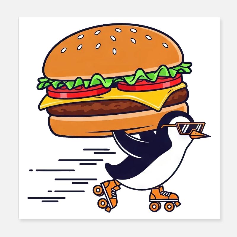 Lustiger Pinguin Cheeseburger cool Rollschuhe  Poster 20x20 cm