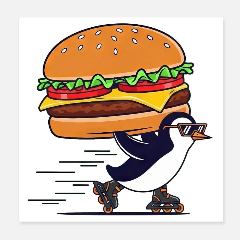 Ein süßer Pinguin, der einen Cheeseburger genießt. Poster 20x20 cm