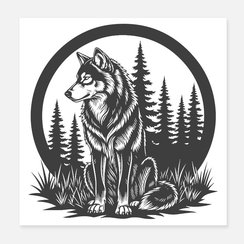 Wolf in the woods in a circular frame Poster 8" x 8" (20x20 cm)