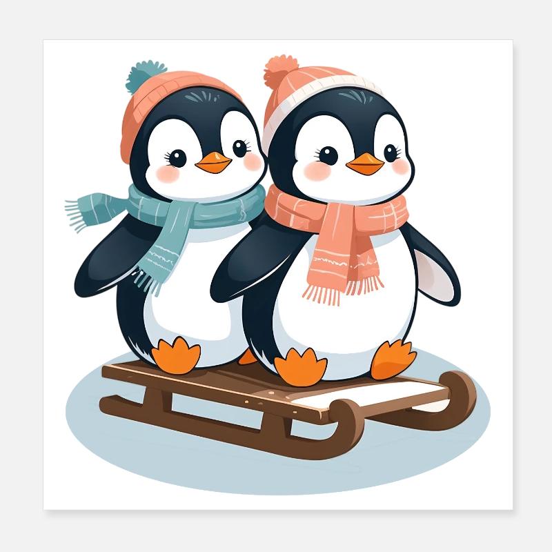 Two penguins on sleds Poster 8" x 8" (20x20 cm)