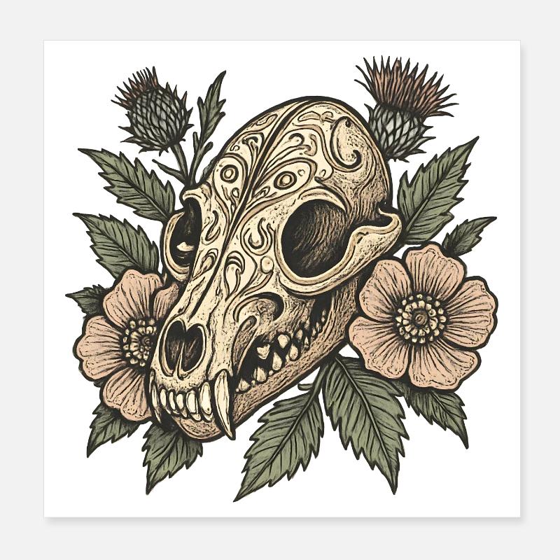 Vintage Skull with Flowers Poster 8" x 8" (20x20 cm)