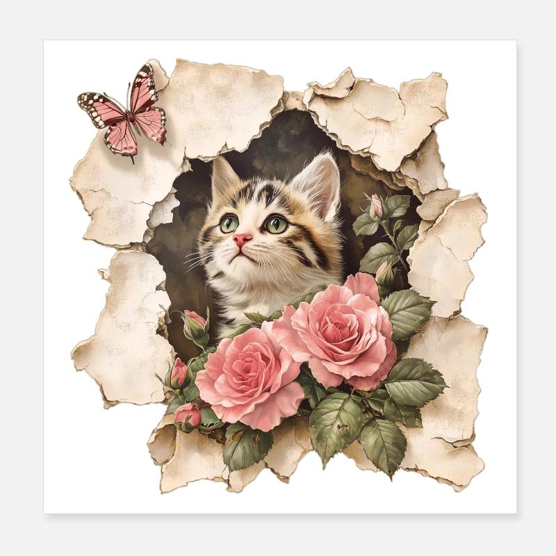 Chat au papillon Poster 20 x 20 cm