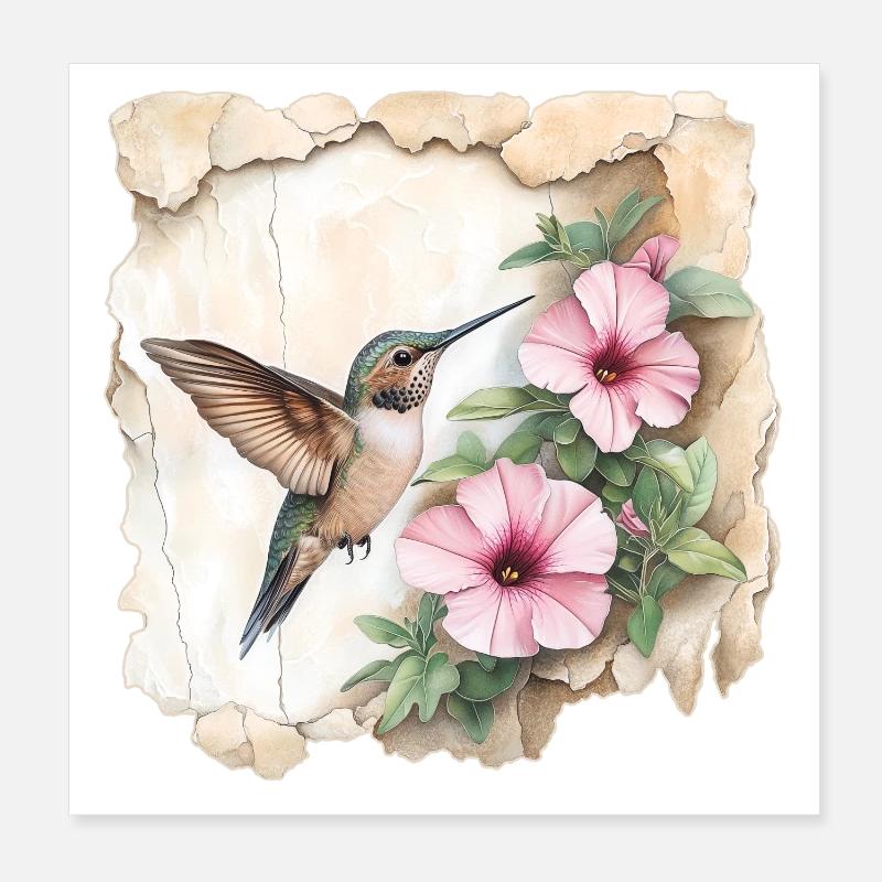Kolibri mit Blüten Poster 20x20 cm