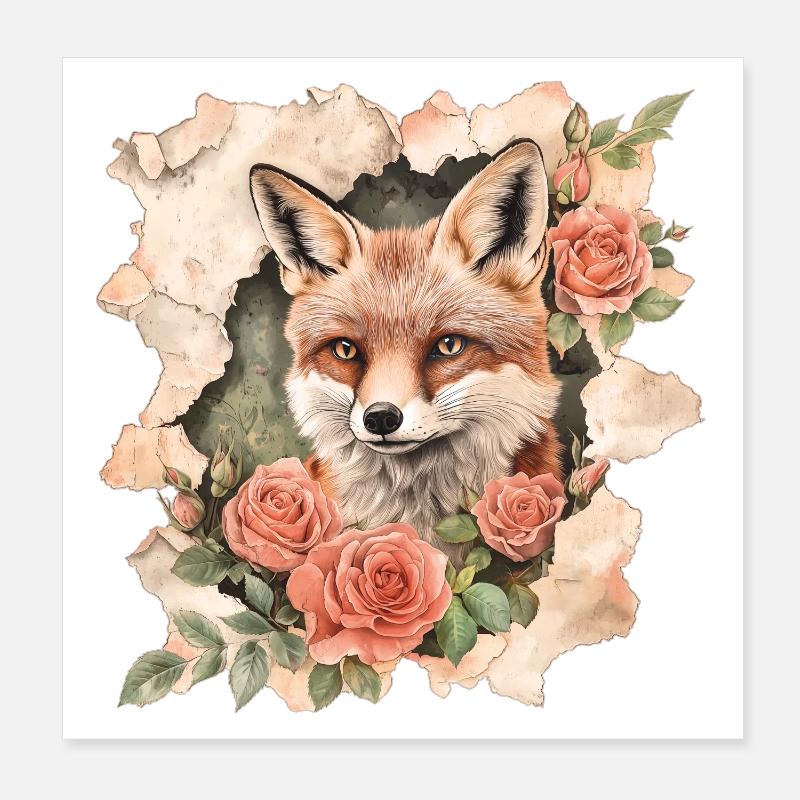 Renard aux Roses Vintage Poster 20 x 20 cm