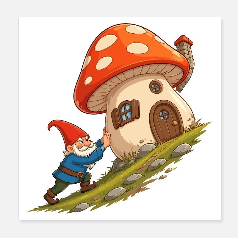Mushroom house gnome pulls house Poster 8" x 8" (20x20 cm)