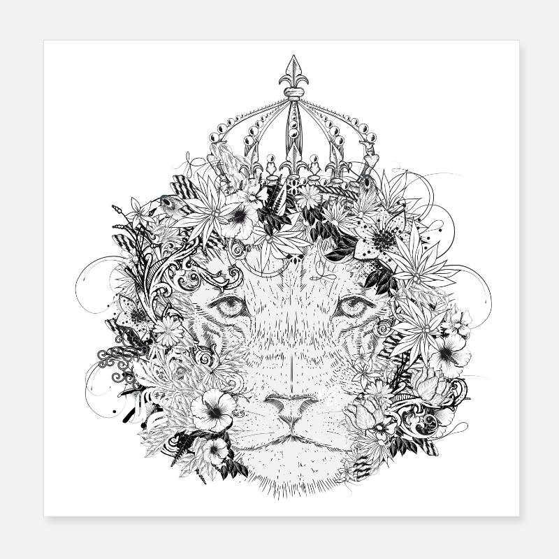 majestically decorated lion with flowers & crown Poster 8" x 8" (20x20 cm)