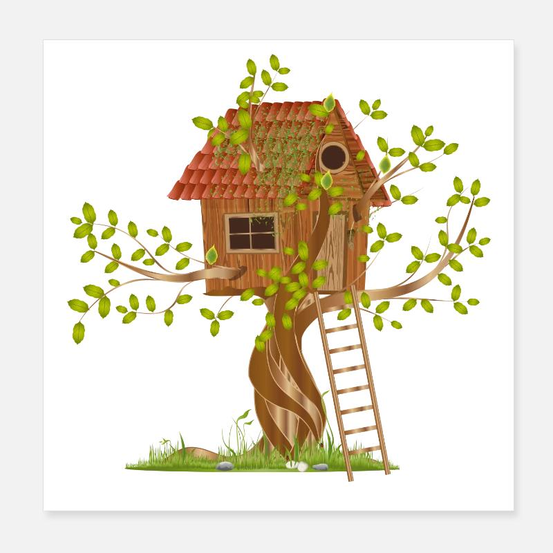 schiefes Baumhaus in der Baumkrone mit Leiter Poster 20x20 cm