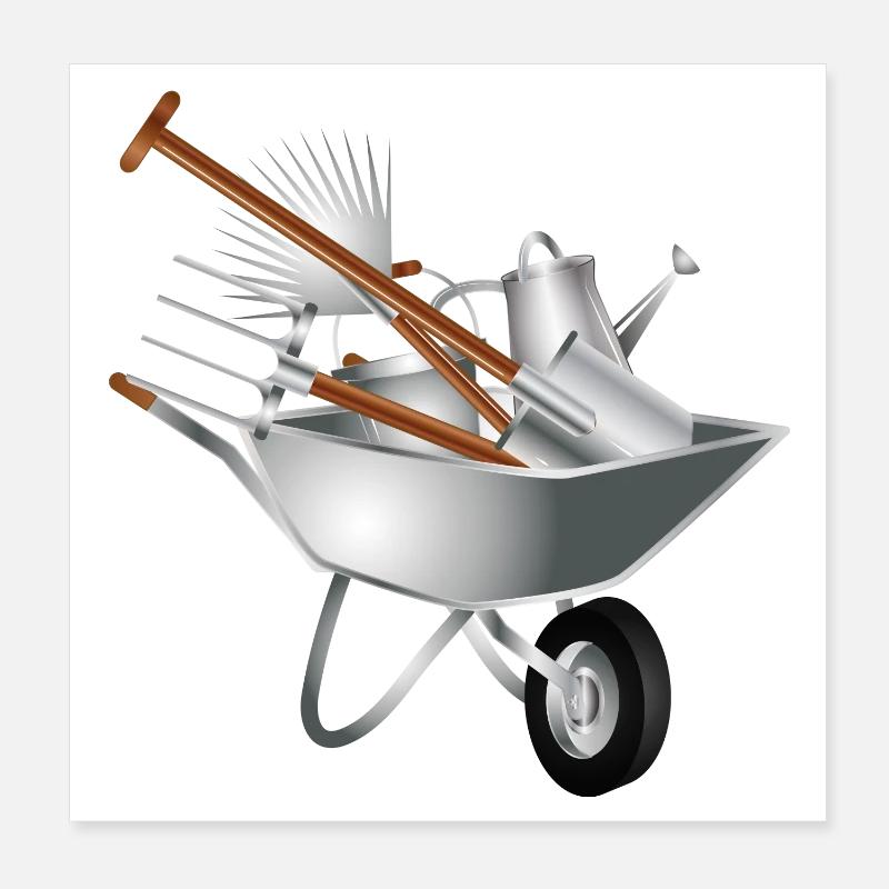 verschiedene Gartengeräte in einer Schubkarre Poster 20x20 cm