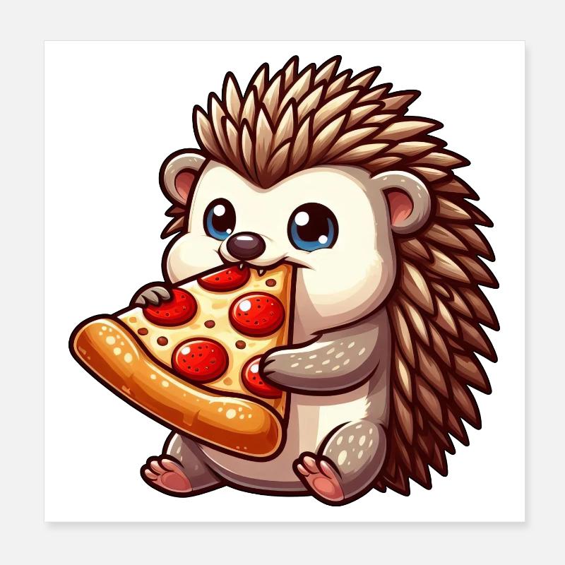 Drôle de hérisson mangeant une pizza aux olives et au fromage Poster 20 x 20 cm