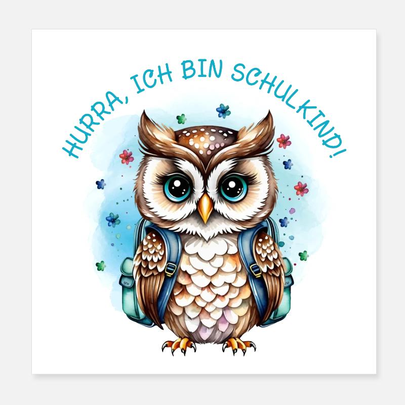 Eule - Blümchen - petrol | Hurra ich bin Schulkind Poster 20x20 cm