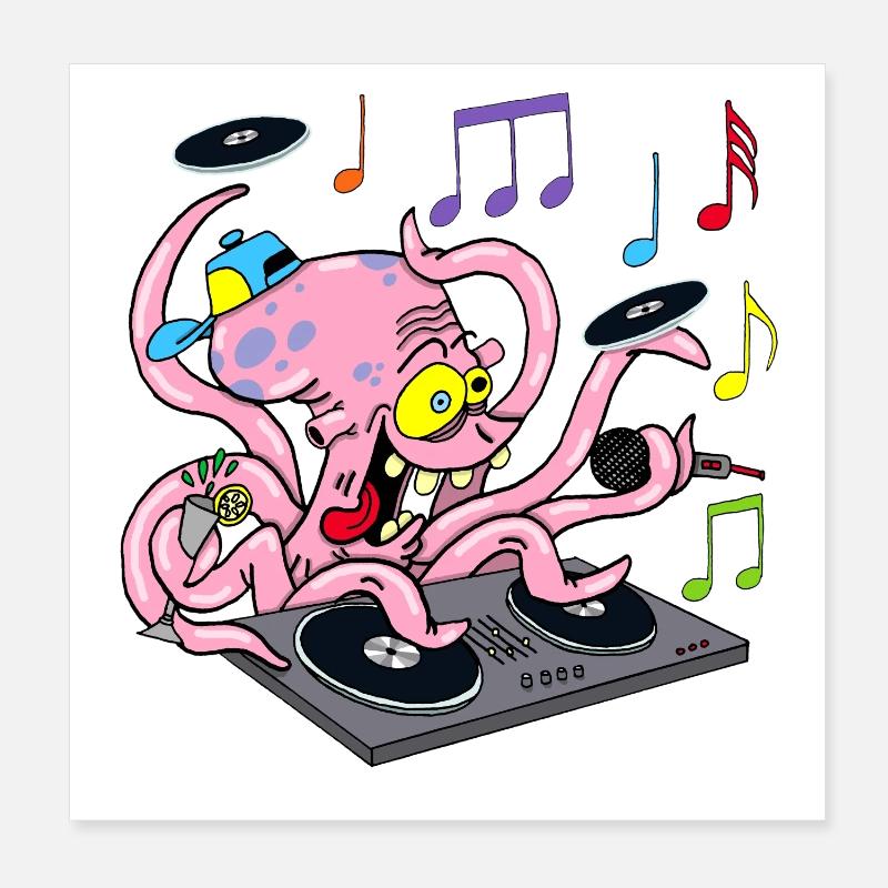 Deejay Oktopus - Poster 20x20 cm - Weiß