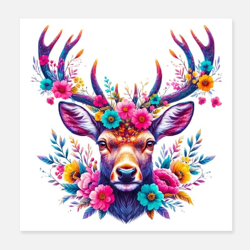 Deer decorated with flower flowers Poster 8" x 8" (20x20 cm)