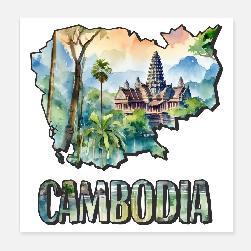 Carte à l’aquarelle Cambodge - Poster 20 x 20 cm - blanc