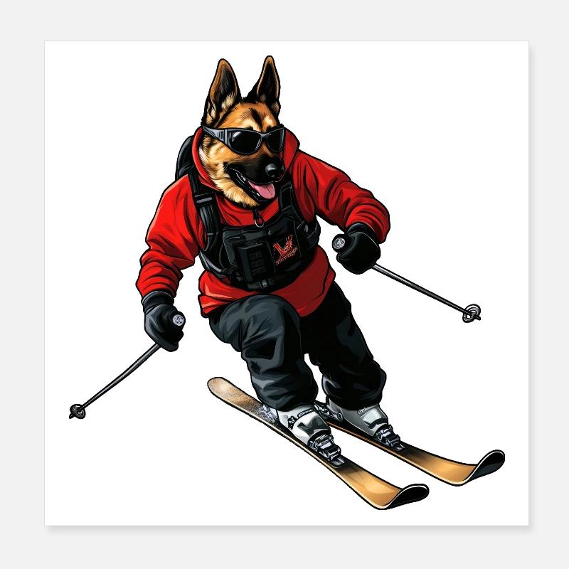 Skier Shepherd Dog Poster 8" x 8" (20x20 cm)