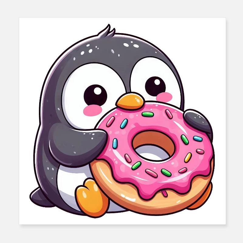 Pingouin mignon avec beignet dans le dessin animé enneigé Poster 20 x 20 cm