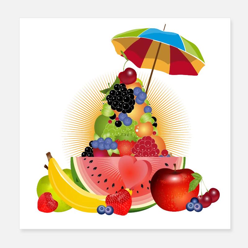 Pyramide de fruits colorée avec pastèque et parapluie Poster 20 x 20 cm