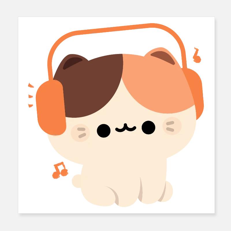 Chat kawaii avec casque design Poster 20 x 20 cm