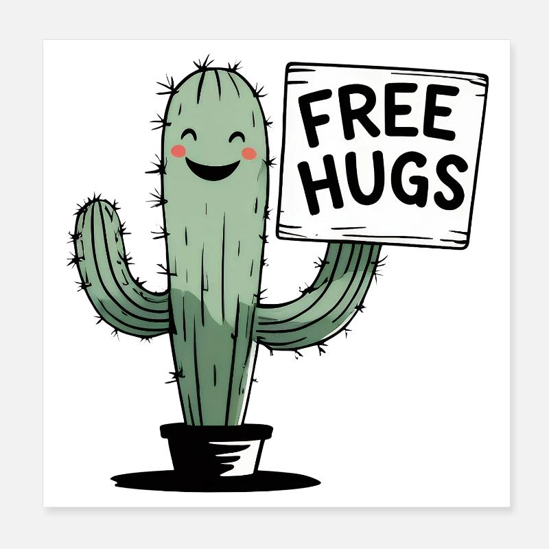 Cactus avec signe de câlins gratuits Poster 20 x 20 cm