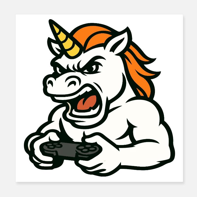 Raging Unicorn Gamer Maskottchen mit Controller Poster 20x20 cm