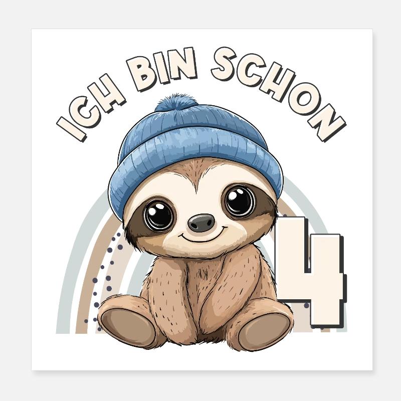 4e anniversaire paresseux arc-en-ciel mignon Poster 20 x 20 cm