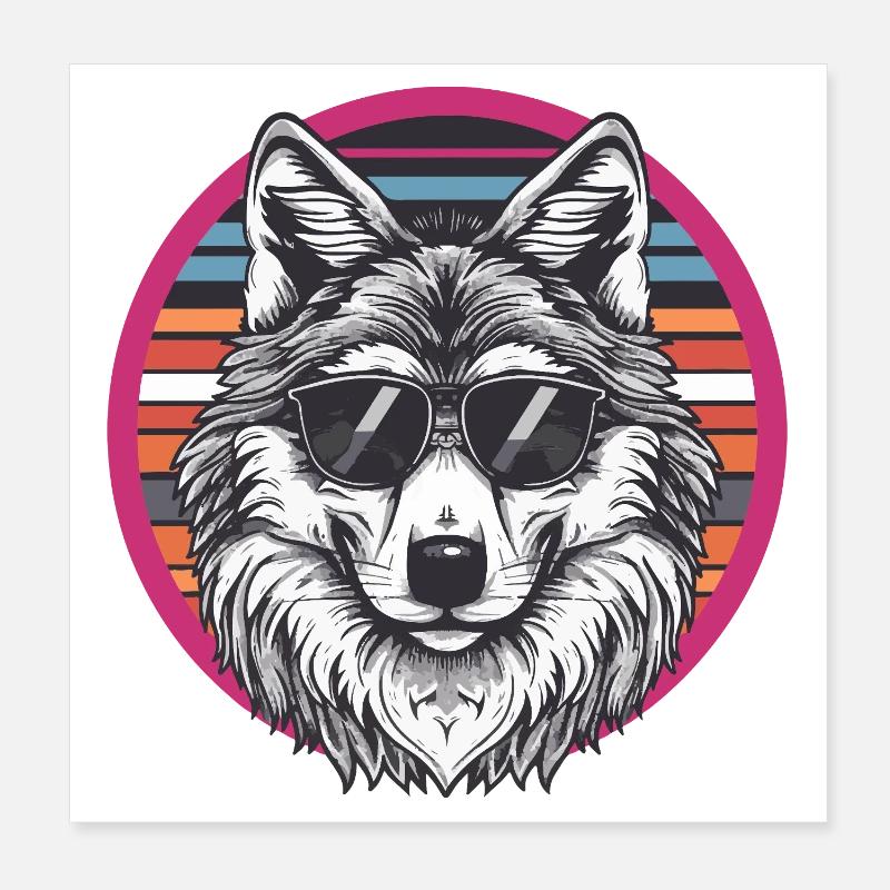 Wolf with sunglasses in retro stripe Poster 8" x 8" (20x20 cm)