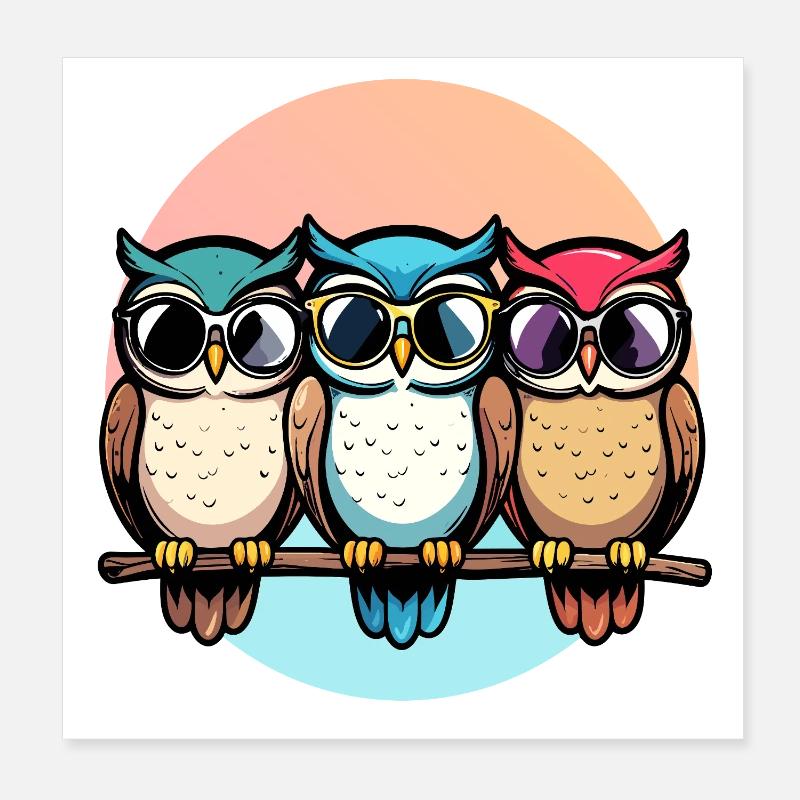 Drei coole Eulen mit Sonnenbrille bunt Eulen Motiv Poster 20x20 cm