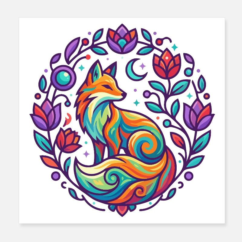 Bunter Fuchs Blumen Mandala Lila Mädchen Design Poster 20x20 cm