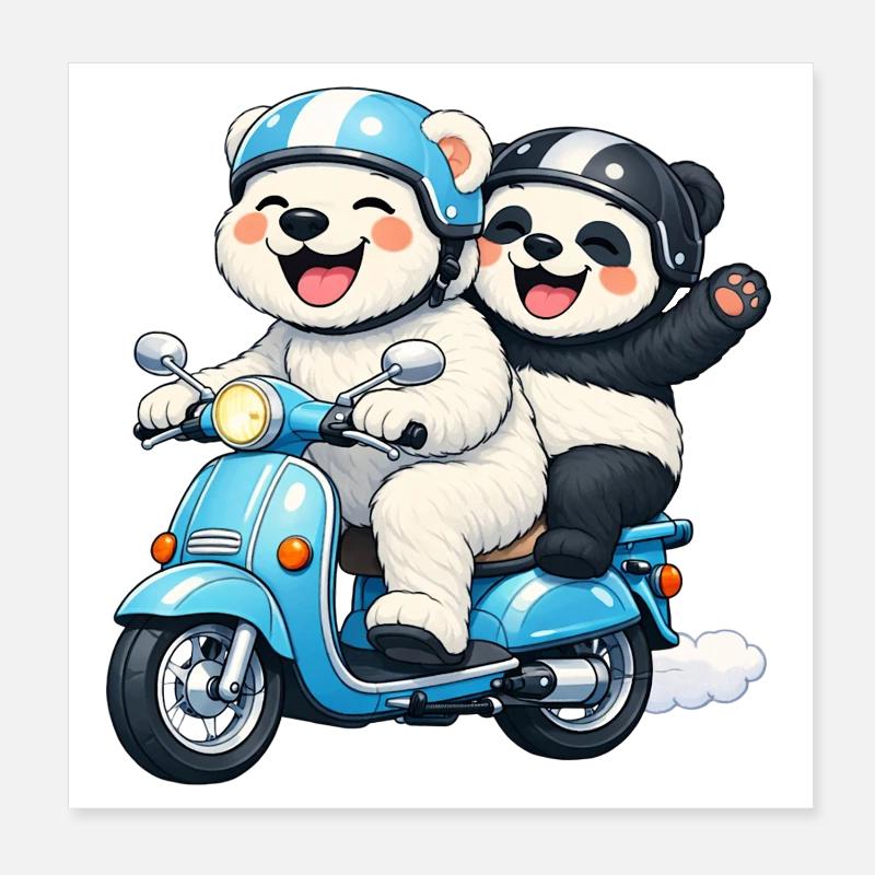 Polar Bear and Panda Bear on a Scooter Poster 8" x 8" (20x20 cm)