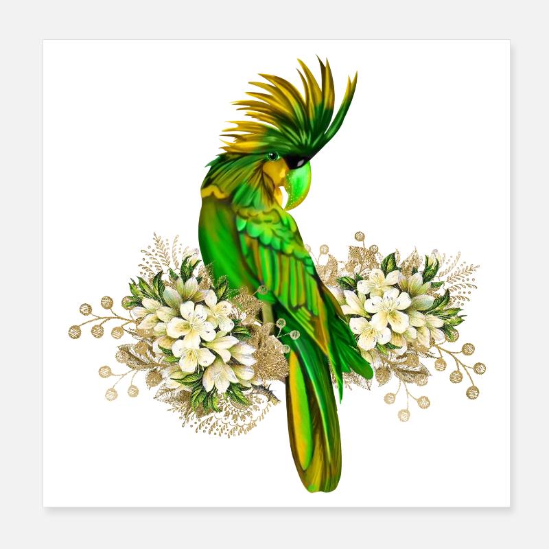 Perroquet mignon avec des fleurs Poster 20 x 20 cm