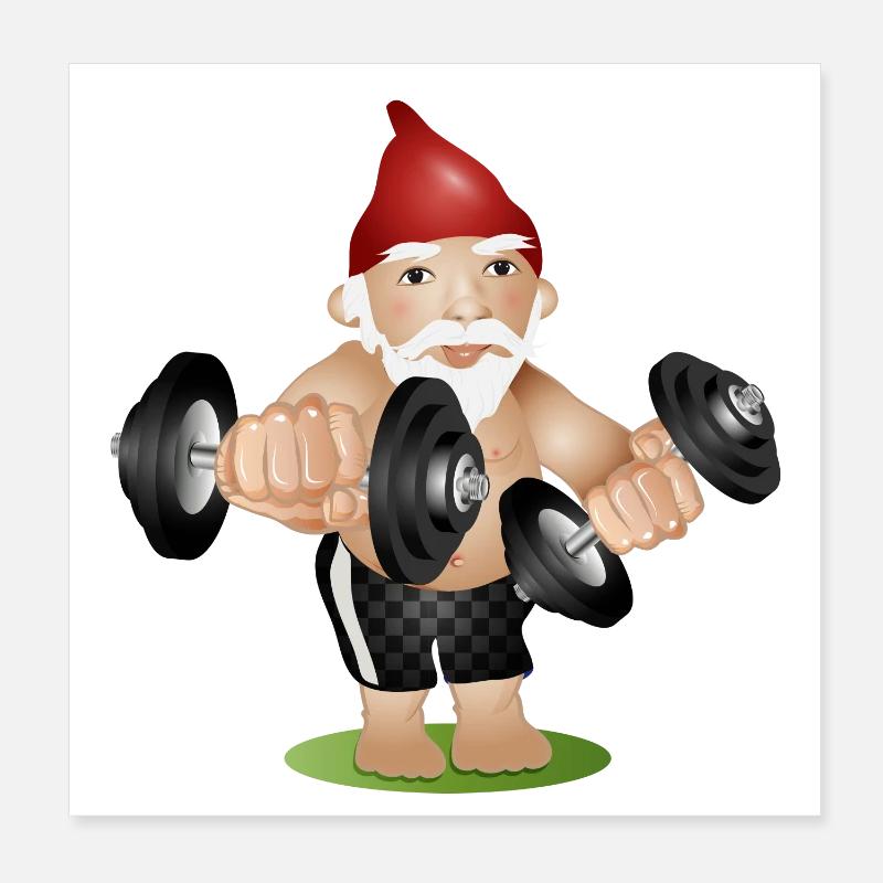 Nain de jardin bodybuilder avec des haltères tout en faisant de l’exercice Poster 20 x 20 cm