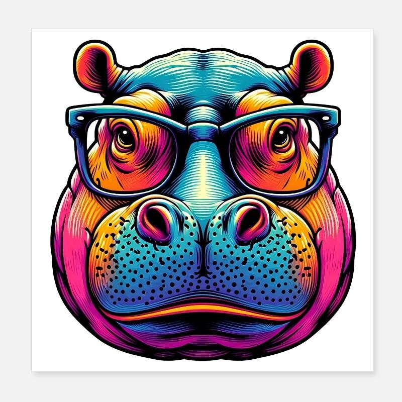Hippopotamus with Glasses Poster 8" x 8" (20x20 cm)
