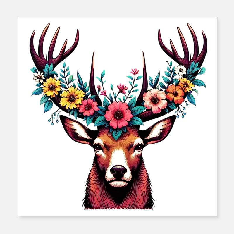 Cerf avec des fleurs Poster 20 x 20 cm
